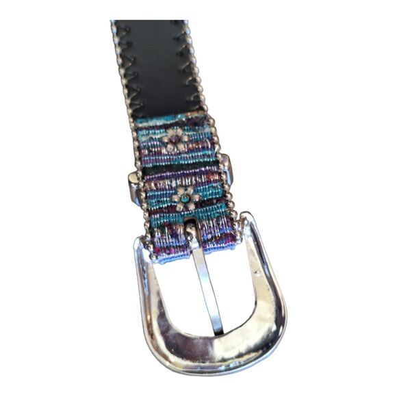 ELITE Metallic Belt Fabric Beaded Edge Purple Turquoise Silver sz S 28-30" waist - Picture 3 of 10